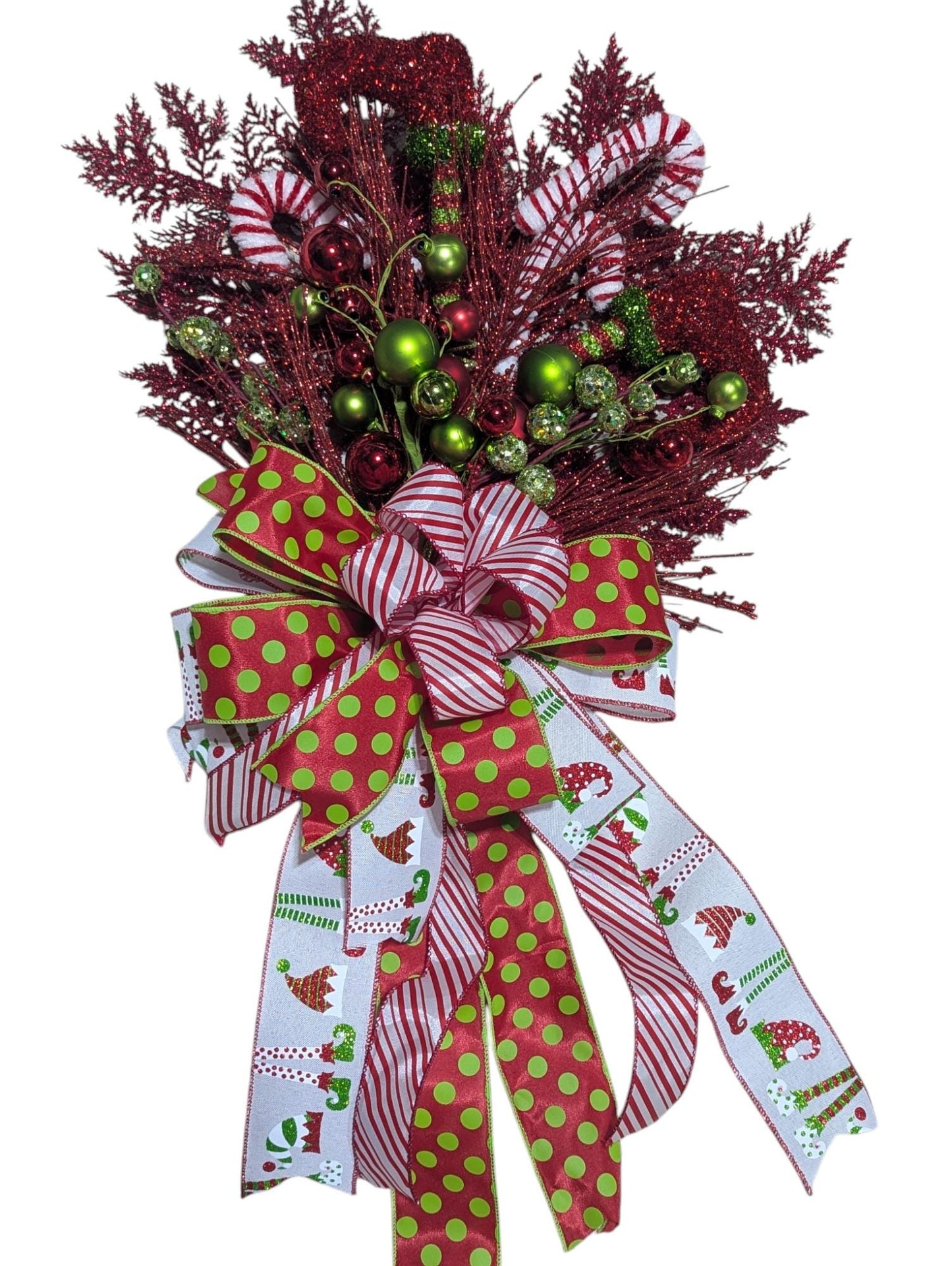 Elf Tree topper, tree bow, tree topper, tree star, elf wreaths, snowman bow, Christmas tree decorations, Christmas decorations, big tree top