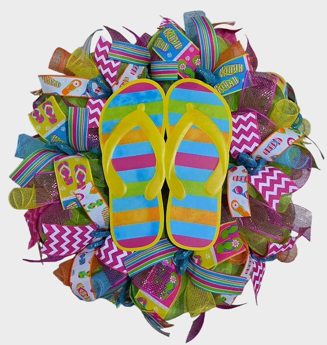 Summer wreath, flip flop wreath, hello wreath, welcome summer wreath, tropical wreath, summer wreaths, summer decor, door wreath summer