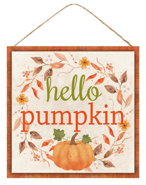 10"Sq Hello Pumpkin Fall Foliage Sign