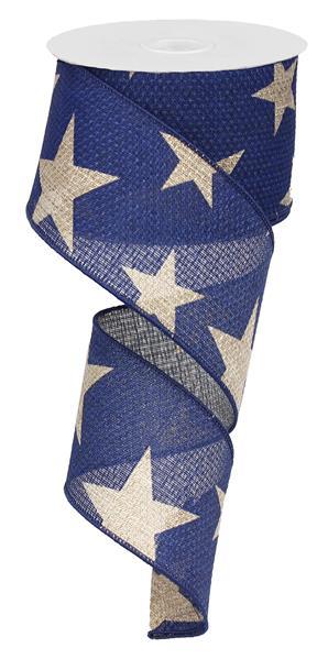 2.5" TAN STARS ON NAVY RIBBON - (10YDS)