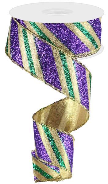 1.5" MARDI GRAS DIAGONAL STRIPE RIBBON - (10YDS)
