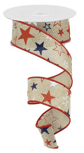 1.5" BLUE AND RED STARS ON TAN RIBBON - (10YDS)