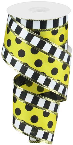 2.5" YELLOW/BLACK/GOLD POLKA DOT RIBBON WITH STRIPE EDGE - (10YDS)