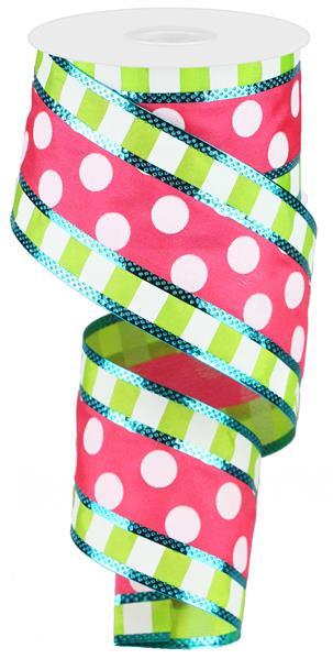 2.5" PINK/LIME/TURQUOISE POLKA DOT RIBBON WITH STRIPE EDGE - (10YDS)