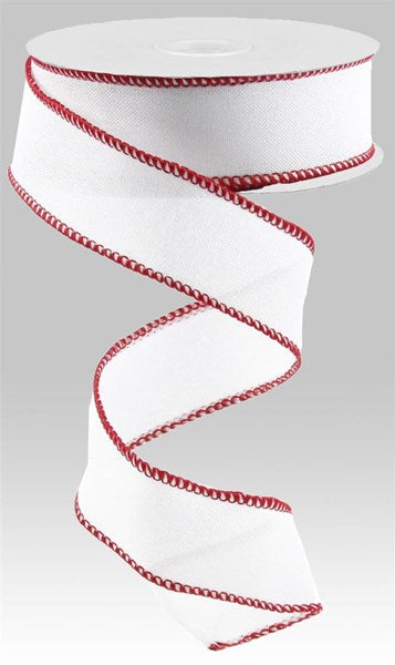 1.5" WHITE ROYAL BURLAP WITH RED STITCH EDGE- (10YDS)