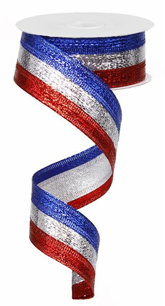 1.5" RED SILVER BLUE TRI STRIPE RIBBON - (10YDS)