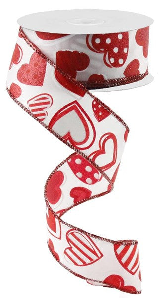 1.5" RED FUNKY HEARTS ON WHITE- (10YDS)