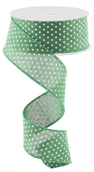 1.5" EMERALD GREEN WITH WHITE SWISS DOTS ROYAL BURLAP RIBBON - (10YDS)