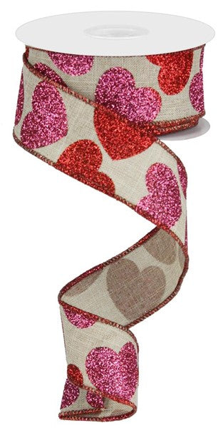 1.5" PINK AND RED GLITTER HEARTS ON NATURAL RIBBON (10YDS)