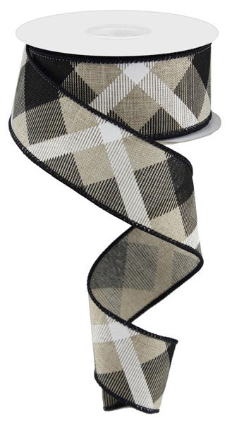 1.5" NATURAL/BLACK/WHITE CROSS PLAID RIBBON - (10YDS)