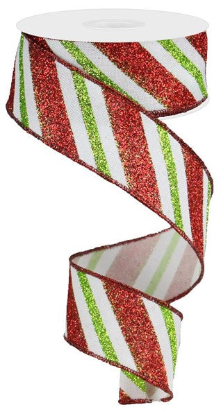 1.5" x 10yds - DIAGONAL GLITTER STRIPE IN WHITE/RED/LIME