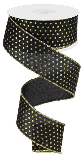 1.5" BLACK WITH GOLD SWISS DOTS - 10YDS