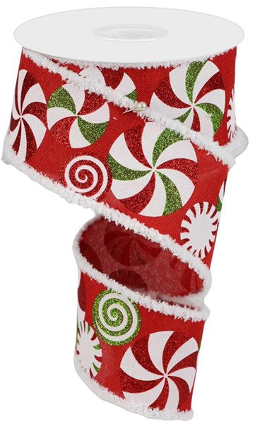 2.5" SNOW DRIFT EDGE PEPPERMINT CANDY RIBBON ON RED (10YDS)