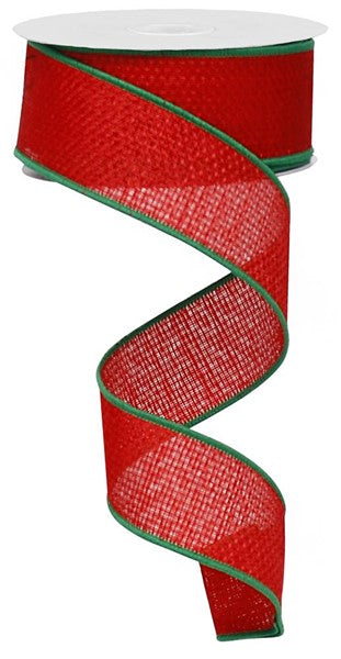 1.5" RED ROYAL BURLAP WITH EMERALD EDGE RIBBON - (10YDS)
