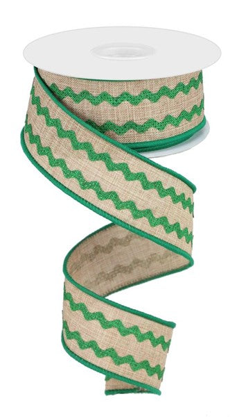1.5" X 10YDS - EMERALD AND NATURAL RIC RAC RIBBON