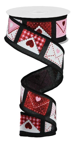 1.5" BLACK RIBBON WITH LOVE LETTERS ON RED - 10YDS