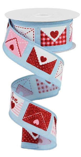 1.5" BLUE AND WHITE LOVE LETTERS ON PINK - 10YDS