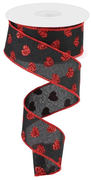 1.5" X 10YDS - BLACK W/ GLITTER SMALL HEARTS RIBBON
