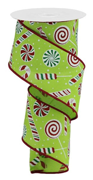 2.5" PEPPERMINT/CANDY CANE RIBBON ON LIME - (10YDS)
