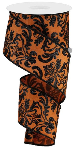 2.5" x 10yds - BLACK AND ORANGE GLITTER BOLD DAMASK PRINT ON FAUX DUPIONI