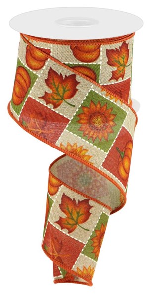 2.5" X 10YDS - PUMPKINS/SUNFLOWERS/LEAVES PATCH RIBBON