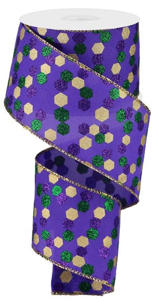 2.5" MARDI GRAS HEXAGON DOT RIBBON - (10YDS)