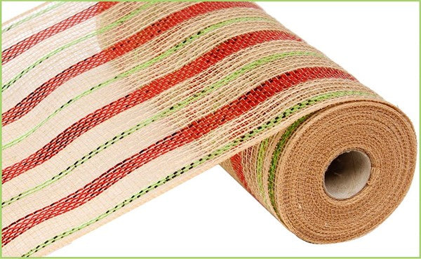 10" RED AND LIME BOLD THIN METALLIC STRIPE JUTE MESH - 10 YDS