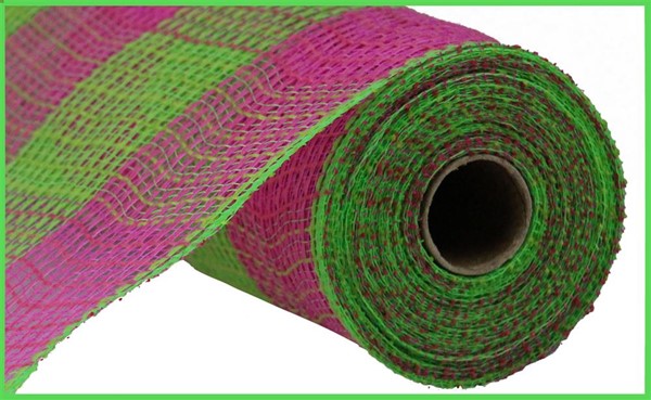 10" FAUX JUTE GREEN/HOT PINK CHECK MESH - 10 YDS