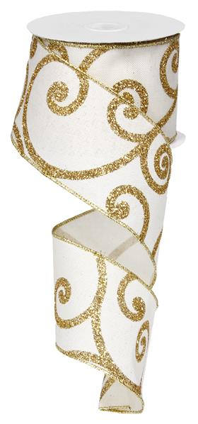 2.5" GOLD ON WHITE SWIRL RIBBON - 10YDS