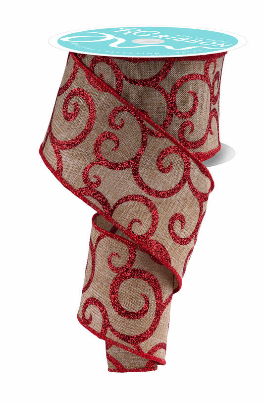 2.5" x 10yd Glitter Swirl/Royal Beige/red ribbon