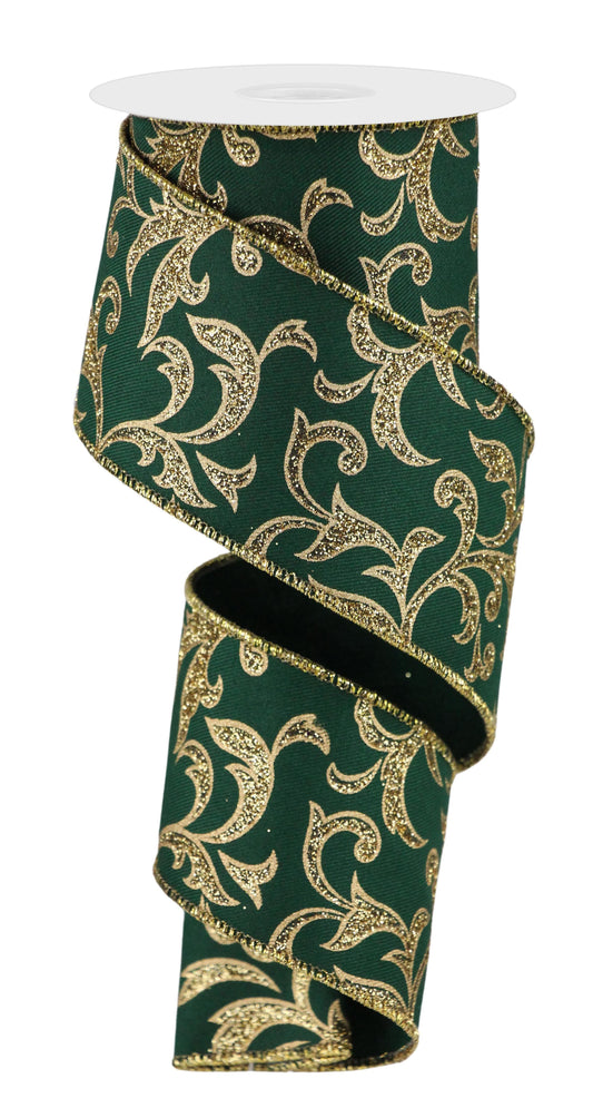 2.5" x 10yd Acanthus Leaf Emerald and Gold Ribbon
