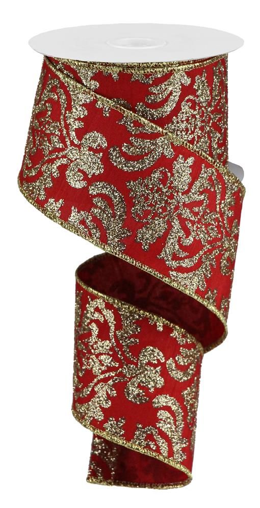 2.5" RED AND CHAMPAGNE BOLD DEMASK RIBBON - 10YDS