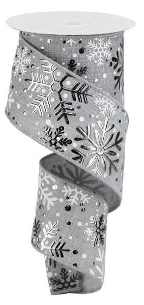 2.5" X 10YDS - SILVER ELEVATED SNOWFLAKE RIBBON ON GREY