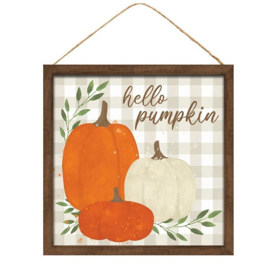 10" Hello Pumpkin Plaid Sign