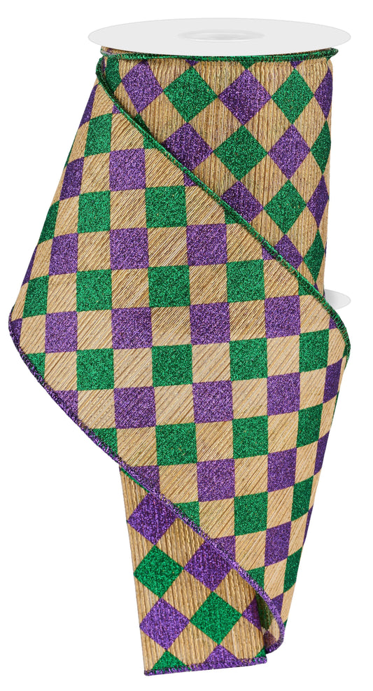 4" x 10yd Mardi Gras Glitter Diamond Check