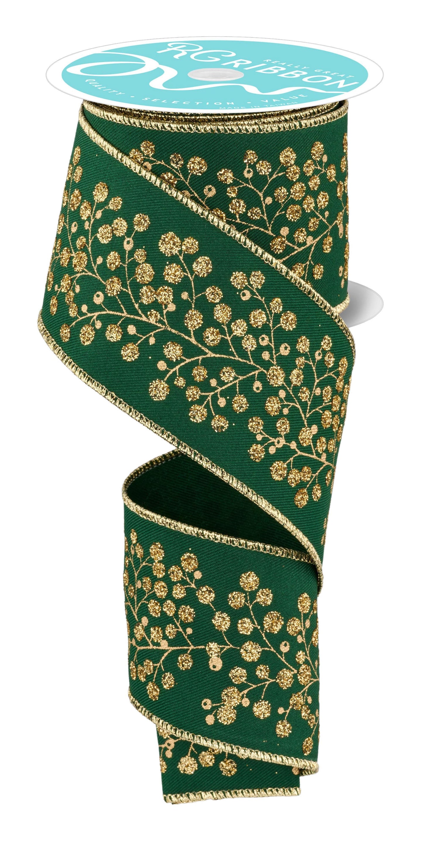 2.5" x 10yd Snow Berry On Diagonal Weave Wired Ribbon - Emerald and Gold