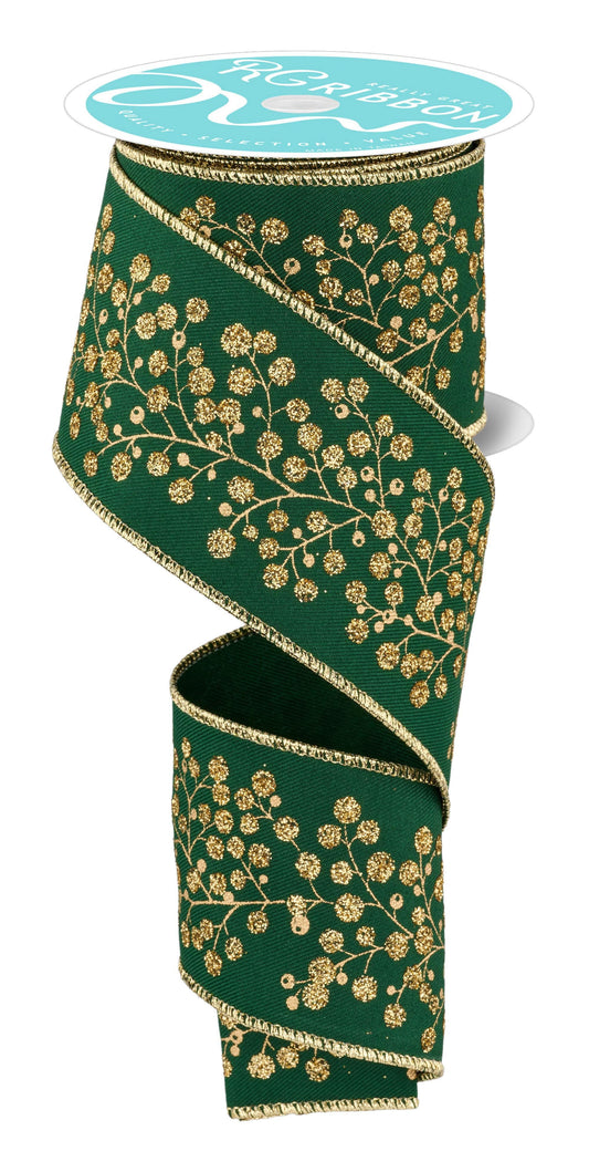 2.5" x 10yd Snow Berry On Diagonal Weave Wired Ribbon - Emerald and Gold