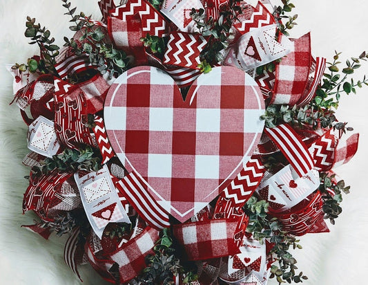 Valentines Day Wreath - Red White Plaid