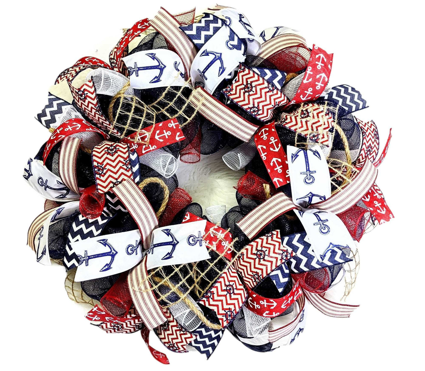 Nautical Summer wreath, summer wreath, beach wreath, anchor wreath, summer wreaths, natuical wreaths, mesh summer wreath, red white blue