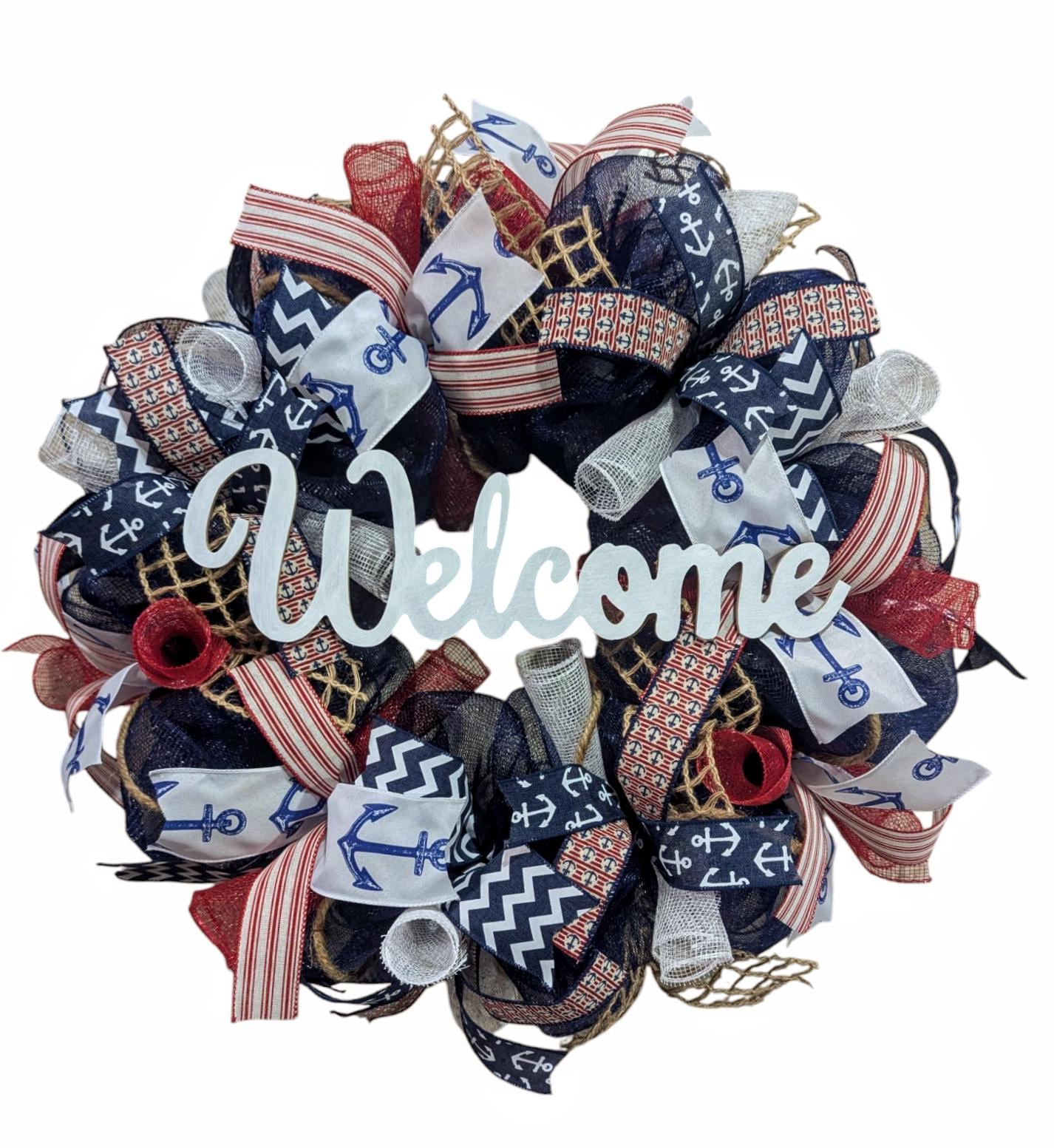 Nautical Summer wreath, summer wreath, beach wreath, anchor wreath, summer wreaths, natuical wreaths, mesh summer wreath, red white blue