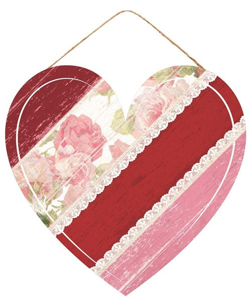 12" DIAGNAL STRIPE FLORAL WOOD HEART