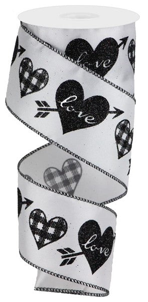 2.5" X 10YDS - BLACK AND WHITE GLITTER CHECK HEART RIBBON