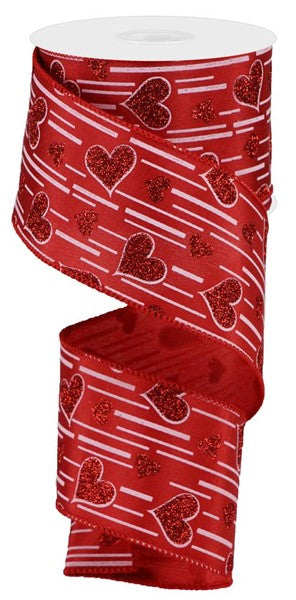 2.5" X 10YDS - RED AND WHITE GLITTER HEARTS