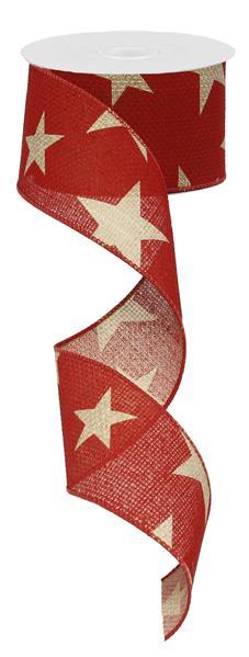 2.5" TAN STARS ON RED RIBBON - (10YDS)