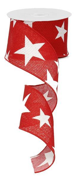 2.5" WHITE STARS ON RED RIBBON - (10YDS)