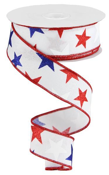 1.5" RED AND BLUE STARS ON WHITE RIBBON - (10YDS)