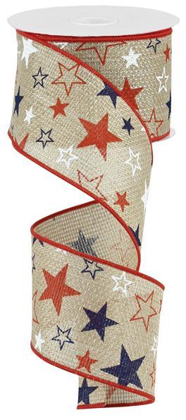 2.5" BLUE AND RED STARS ON TAN RIBBON - (10YDS)