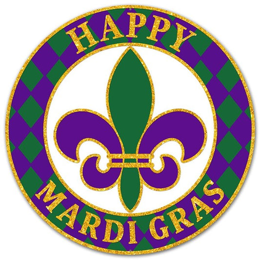 12" DIA METAL "HAPPY MARDI GRAS" SIGN