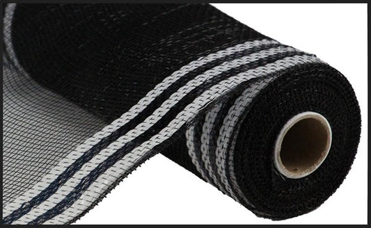 10" BLACK MESH WITH WHITE BORDER STRIPE - (10YDS)