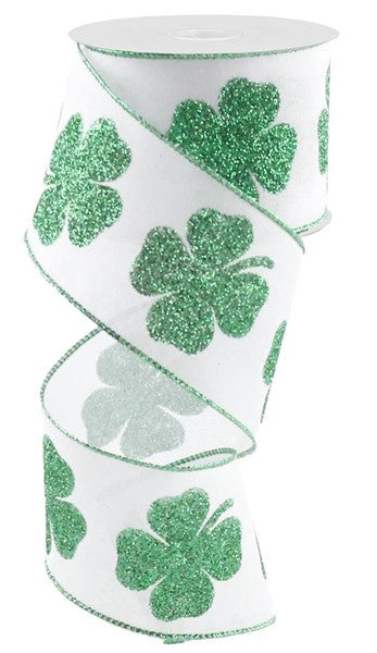 2.5" GLITTER CLOVERS ON WHITE - (10YDS)